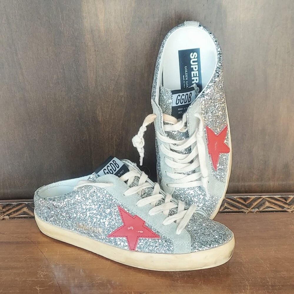 Golden Goose Super Star Sabot Silver Ice Red Glitter Mule Slide Sneaker 38/US 8